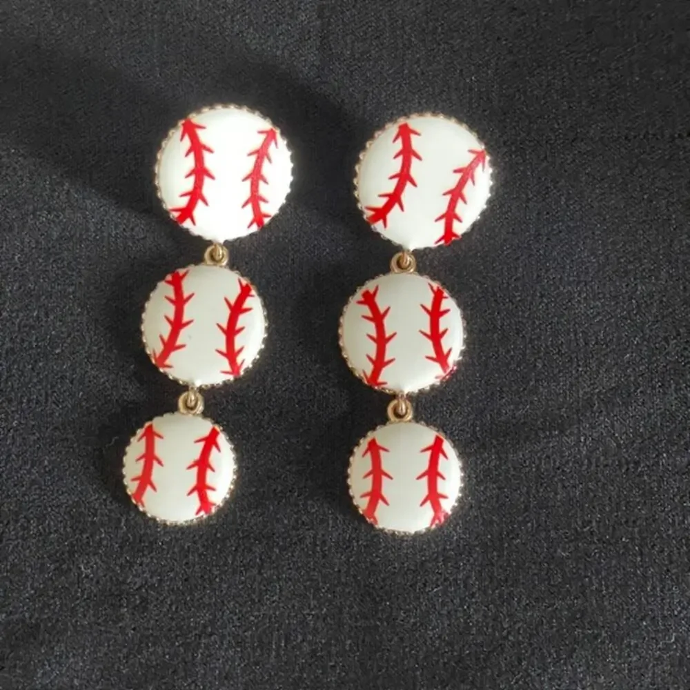 Triple Baseball Dangle Earrings Sports Fan Statement Jewelry Gold Quirky Sporty